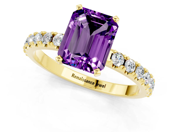 Yellow gold Emerald Cut Amethyst Solitaire Pavé Band with Four-Prong Setting