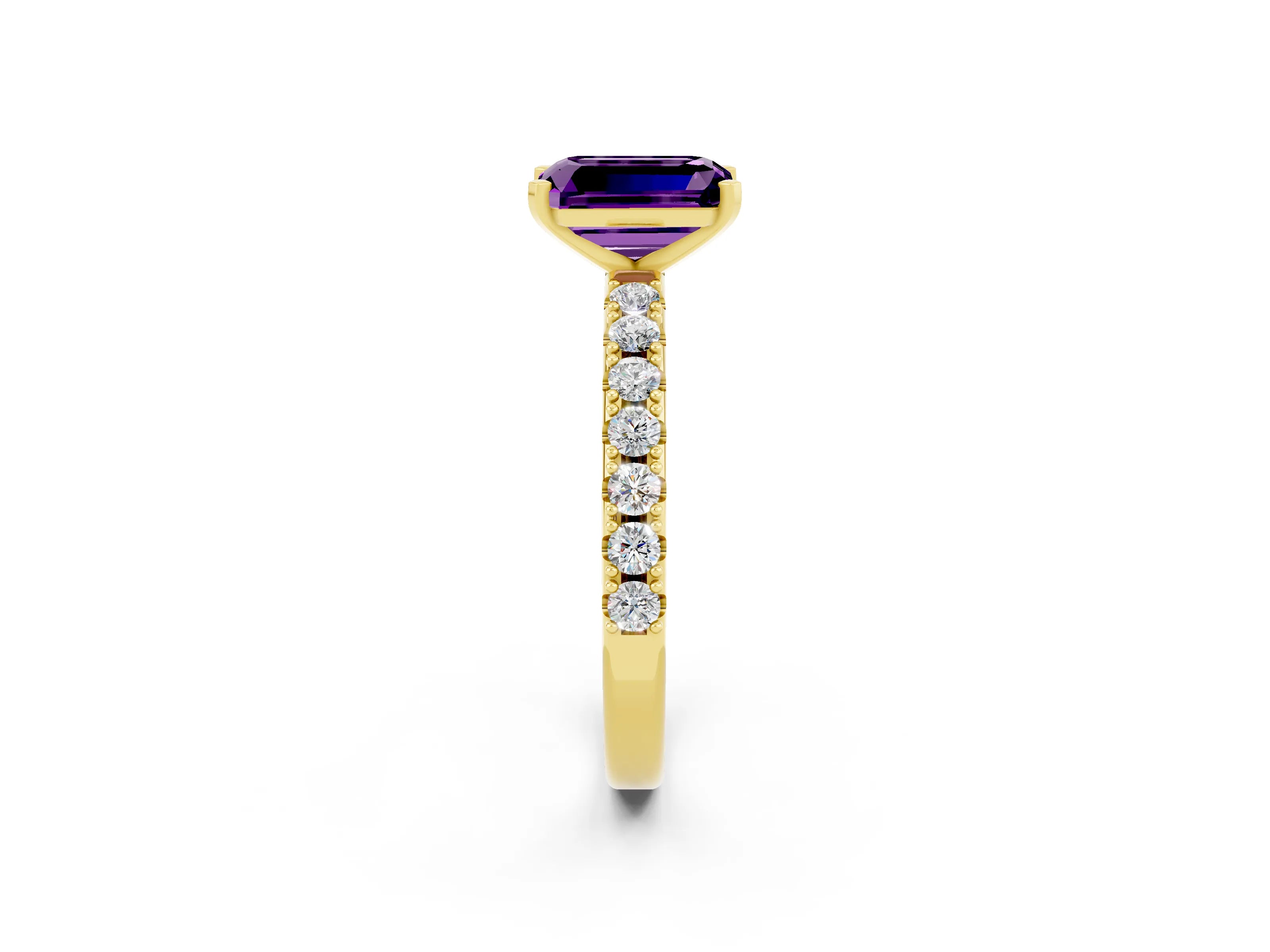 Yellow gold Emerald Cut Amethyst Solitaire Pavé Band with Four-Prong Setting_2
