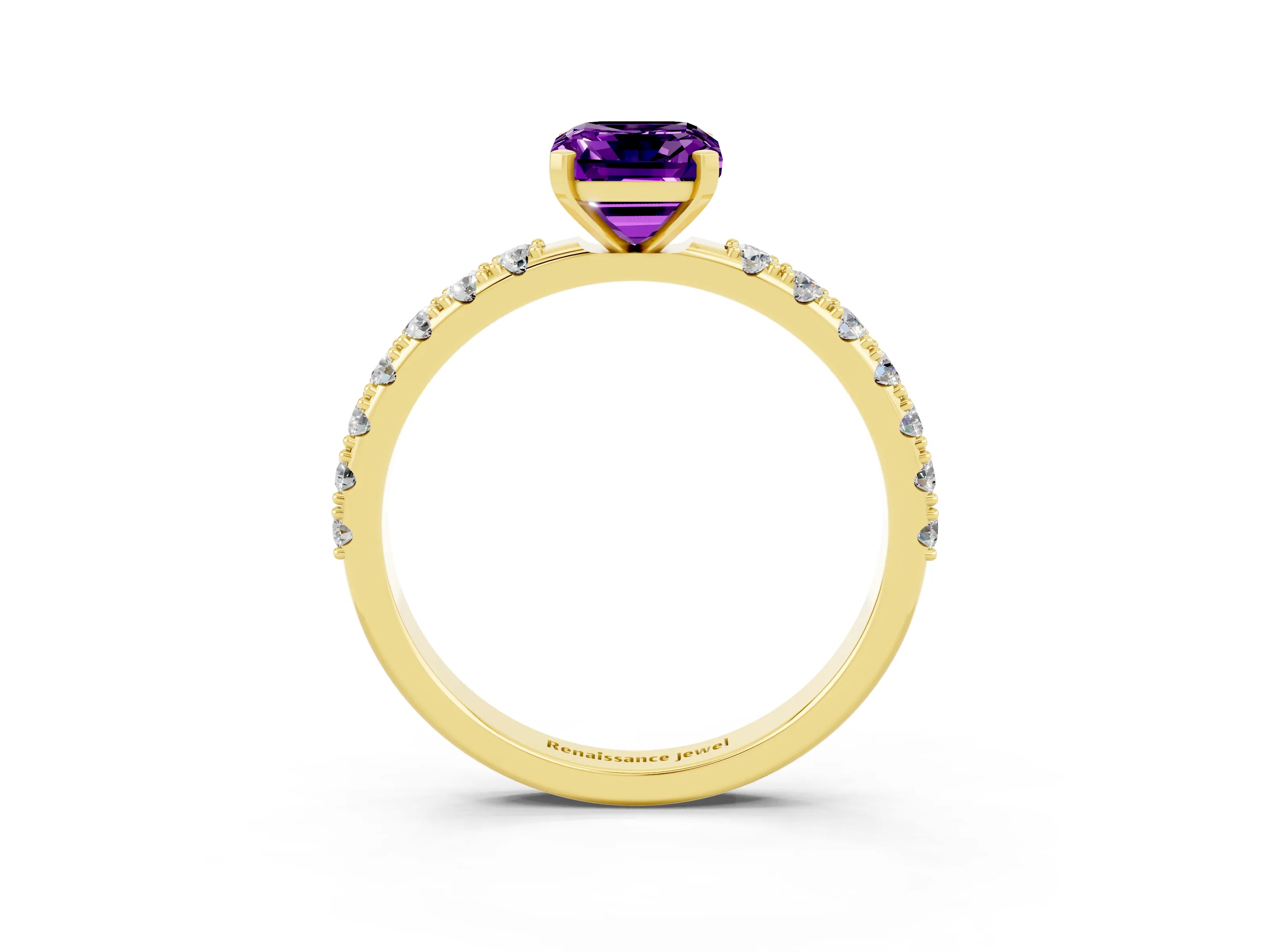 Yellow gold Emerald Cut Amethyst Solitaire Pavé Band with Four-Prong Setting_3