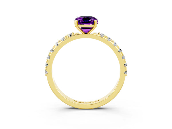 Yellow gold Emerald Cut Amethyst Solitaire Pavé Band with Four-Prong Setting
