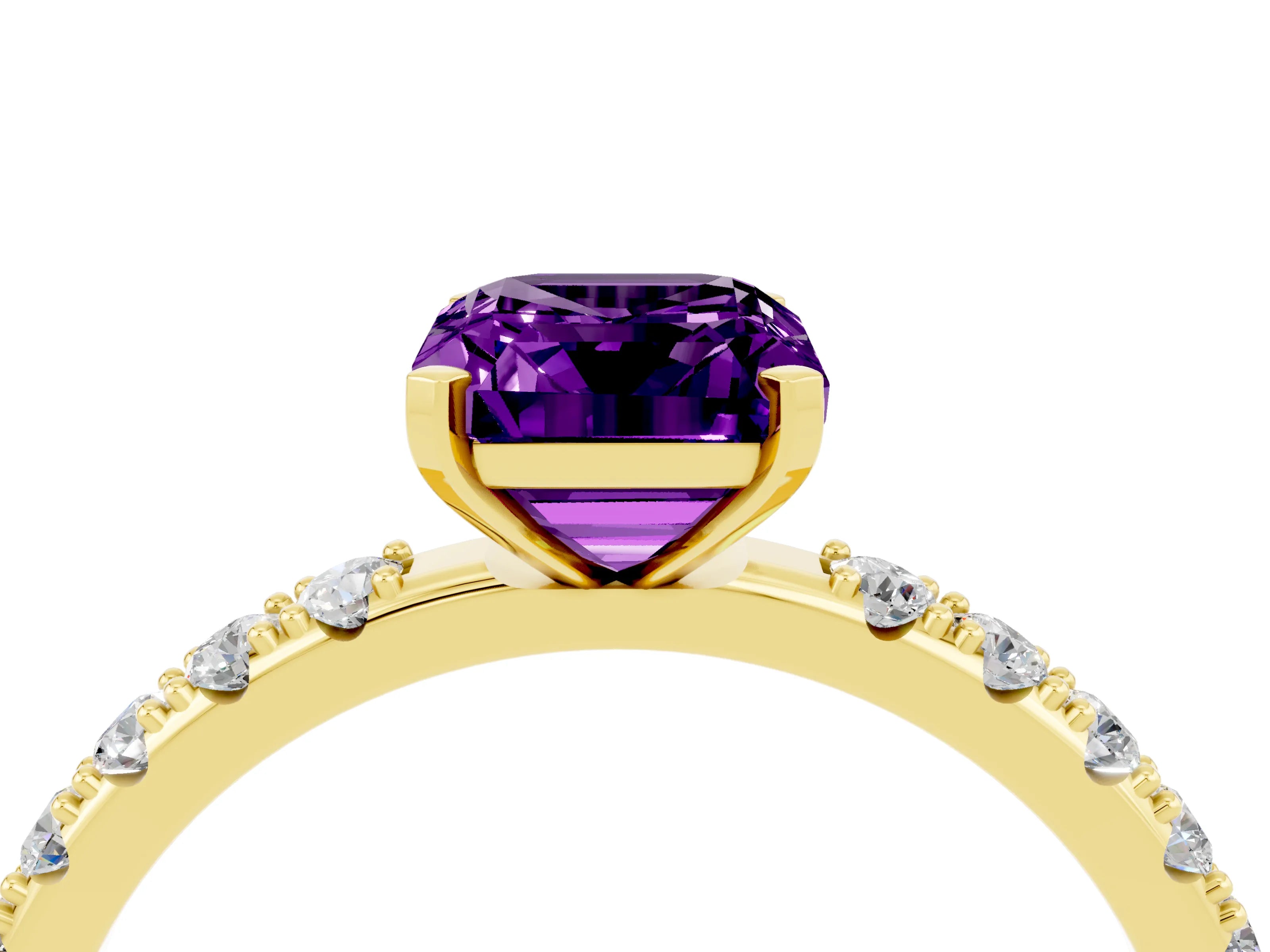 Yellow gold Emerald Cut Amethyst Solitaire Pavé Band with Four-Prong Setting_4