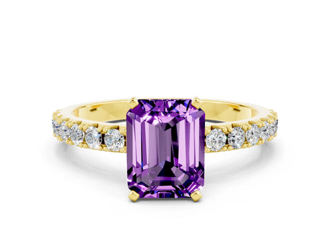 Yellow gold Emerald Cut Amethyst Solitaire Pavé Band with Four-Prong Setting