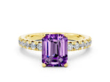 Yellow gold Emerald Cut Amethyst Solitaire Pavé Engagement Ring with Round Band and Prong Setting_12