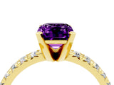 Yellow gold Emerald Cut Amethyst Solitaire Pavé Engagement Ring with Round Band and Prong Setting_16