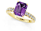 Yellow gold Emerald Cut Amethyst Solitaire Pavé Engagement Ring with Round Band and Prong Setting_61