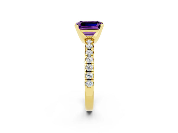 Yellow gold Emerald Cut Amethyst Solitaire Pavé Engagement Ring with Round Band and Prong Setting
