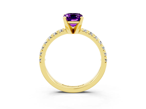Yellow gold Emerald Cut Amethyst Solitaire Pavé Engagement Ring with Round Band and Prong Setting