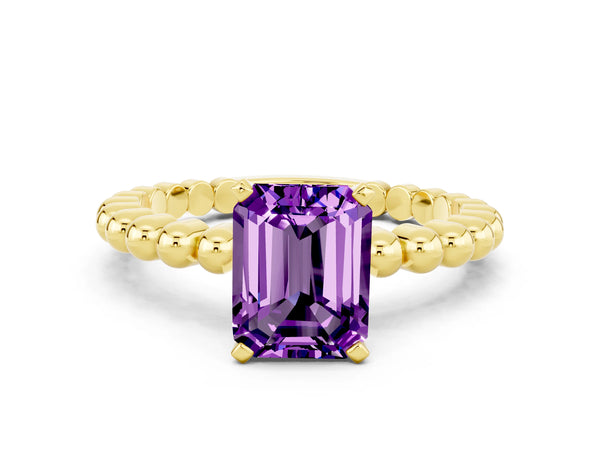 Yellow gold Emerald Cut Amethyst Solitaire Ring with Beaded Band and Prong Setting