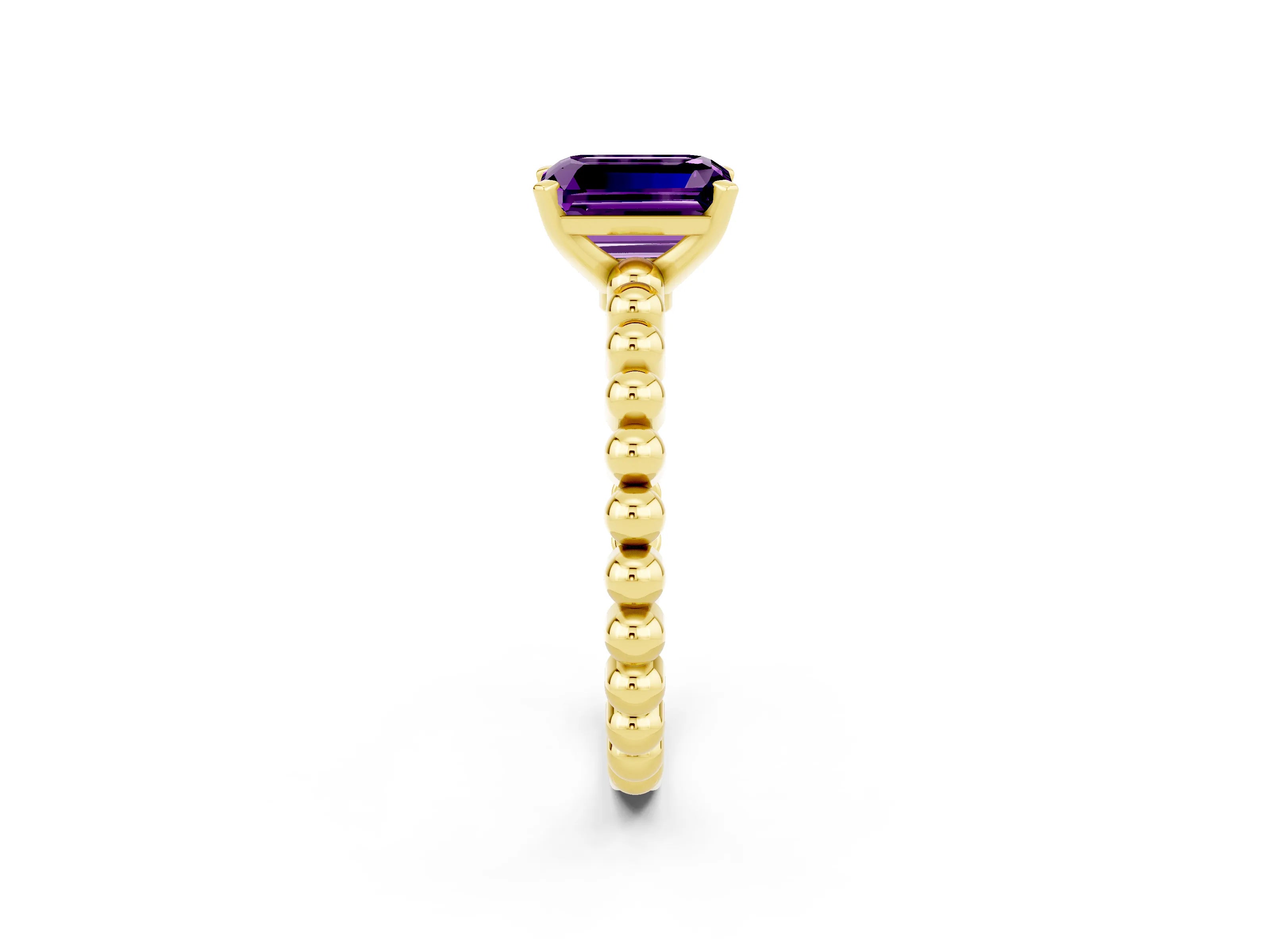 Yellow gold Emerald Cut Amethyst Solitaire Ring with Beaded Band and Prong Setting_2