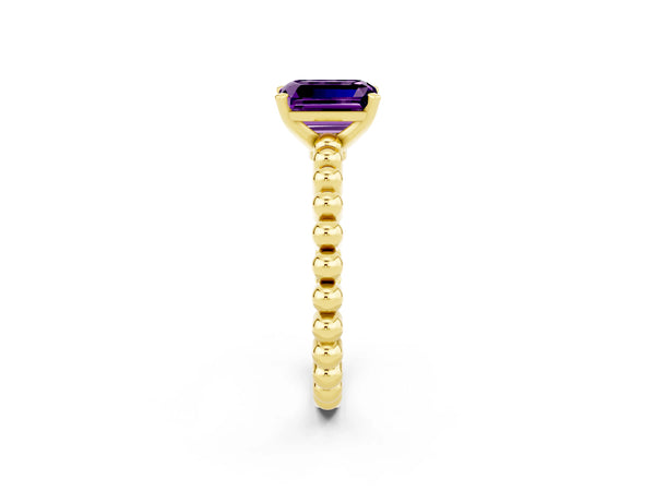 Yellow gold Emerald Cut Amethyst Solitaire Ring with Beaded Band and Prong Setting