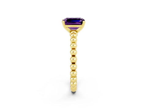 Yellow gold Emerald Cut Amethyst Solitaire Ring with Beaded Band and Prong Setting_2
