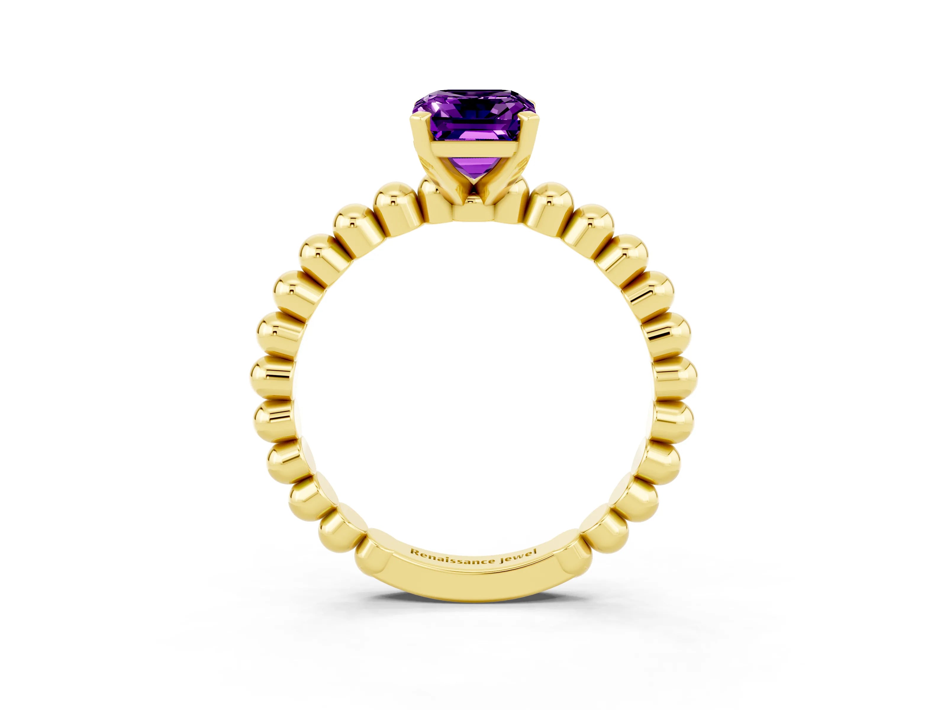 Yellow gold Emerald Cut Amethyst Solitaire Ring with Beaded Band and Prong Setting_3