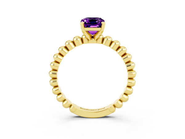 Yellow gold Emerald Cut Amethyst Solitaire Ring with Beaded Band and Prong Setting