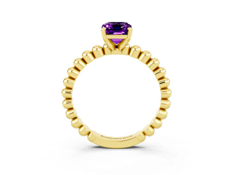 Yellow gold Emerald Cut Amethyst Solitaire Ring with Beaded Band and Prong Setting_3