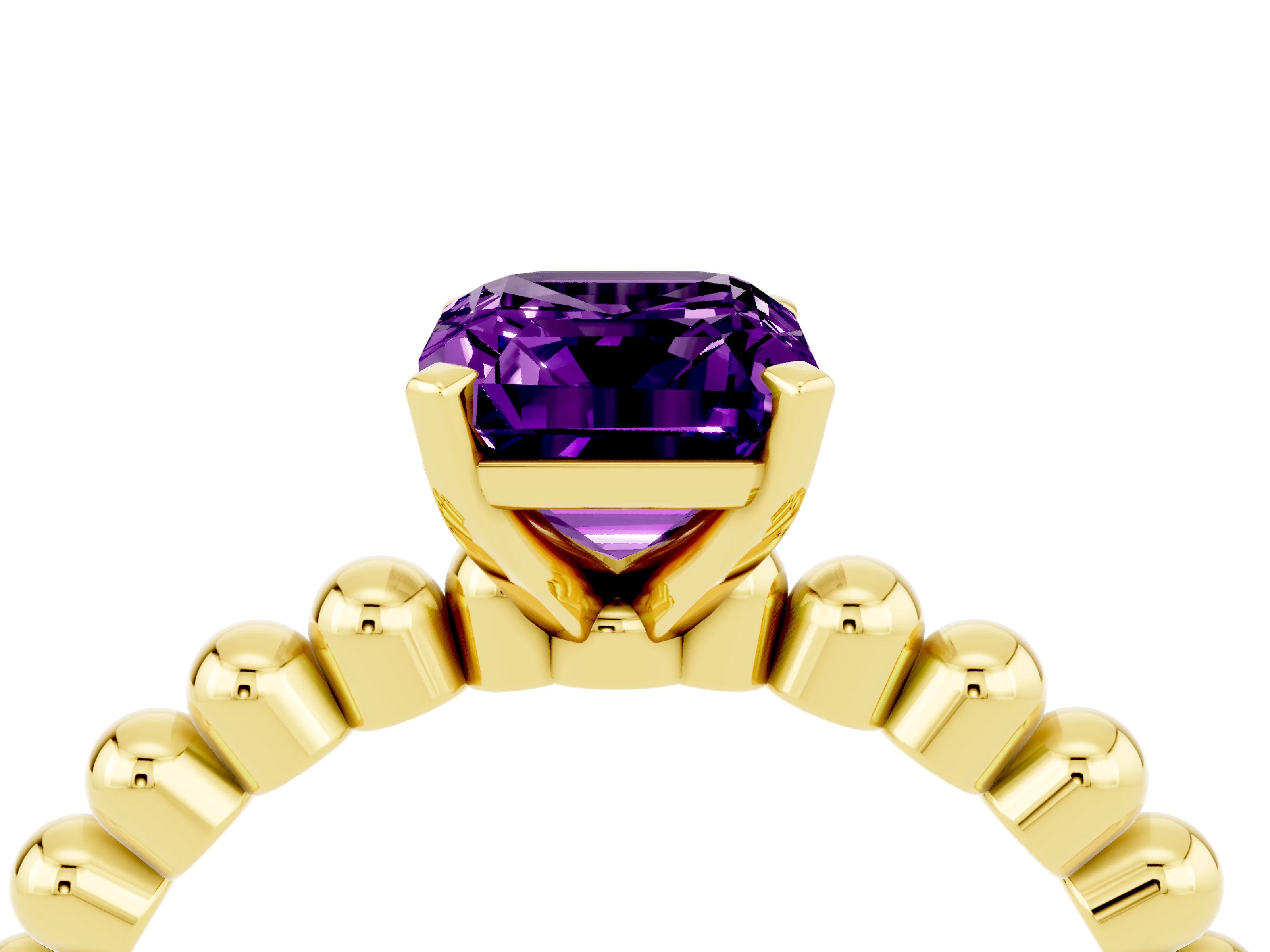 Yellow gold Emerald Cut Amethyst Solitaire Ring with Beaded Band and Prong Setting_4
