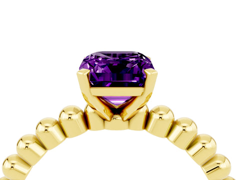 Yellow gold Emerald Cut Amethyst Solitaire Ring with Beaded Band and Prong Setting_4