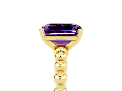 Yellow gold Emerald Cut Amethyst Solitaire Ring with Beaded Band and Prong Setting_5