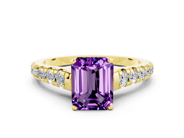 Yellow gold Emerald Cut Amethyst Cathedral Solitaire Ring with Round  Pavé Band