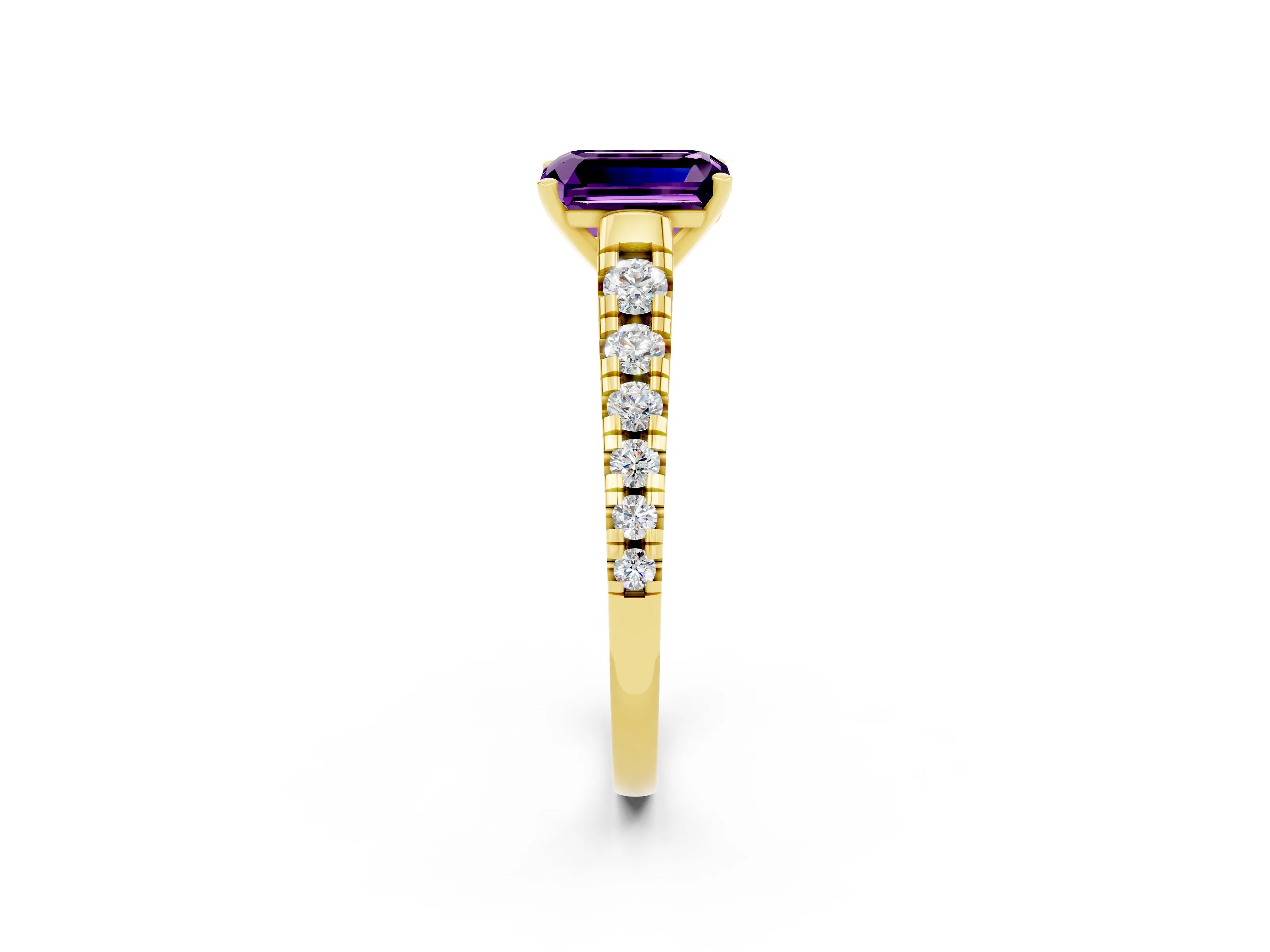 Yellow gold Emerald Cut Amethyst Solitaire Ring with Cathedral Setting and Pavé Band_2