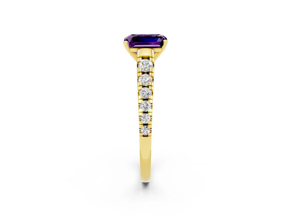 Yellow gold Emerald Cut Amethyst Cathedral Solitaire Ring with Round  Pavé Band