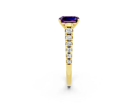 Yellow gold Emerald Cut Amethyst Solitaire Ring with Cathedral Setting and Pavé Band_2