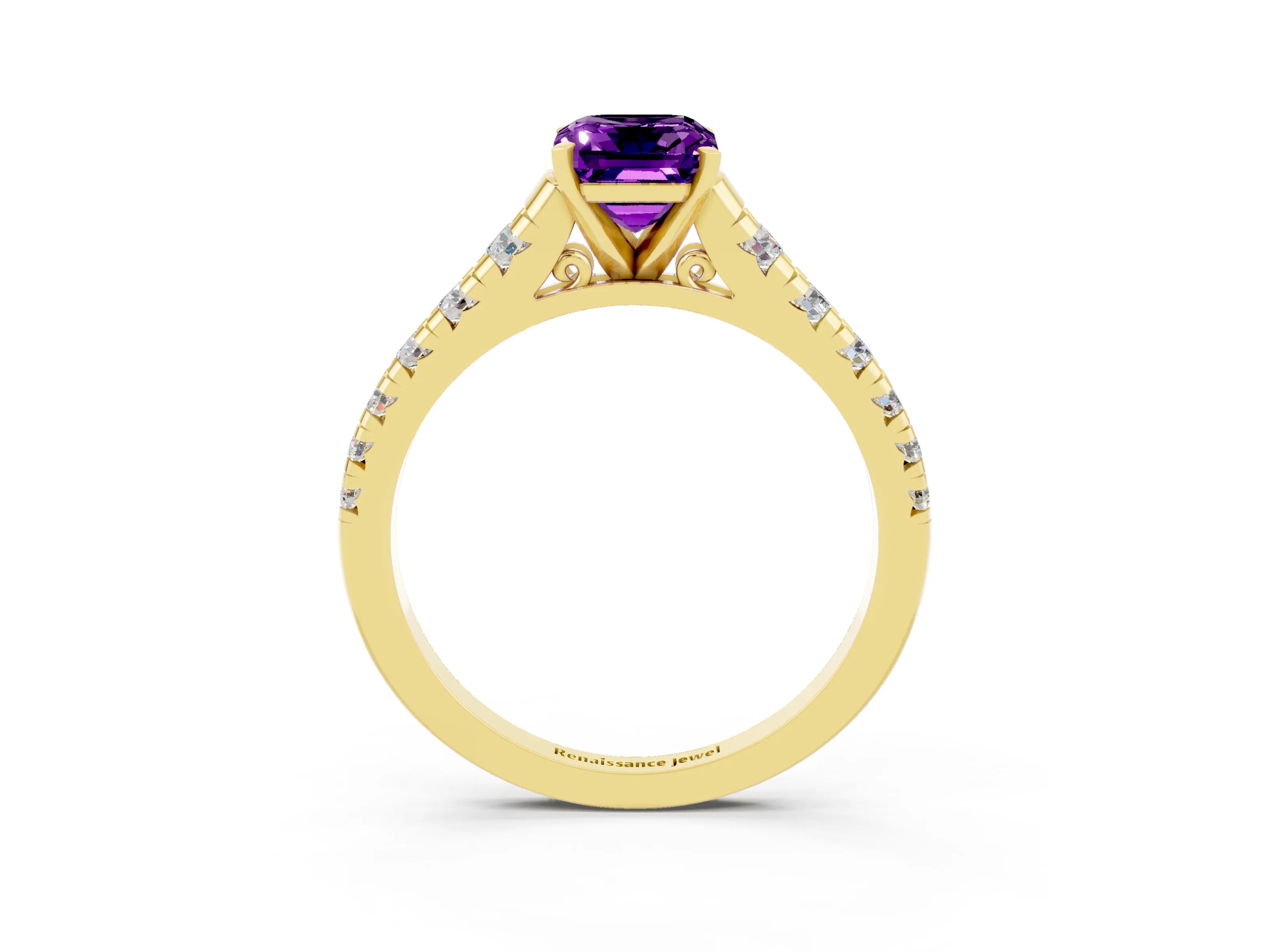 Yellow gold Emerald Cut Amethyst Solitaire Ring with Cathedral Setting and Pavé Band_3