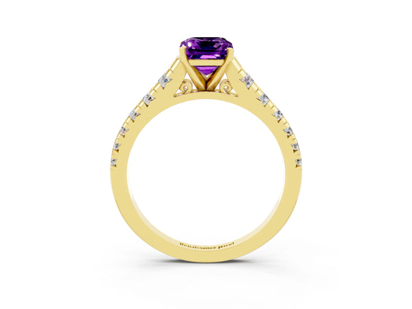 Yellow gold Emerald Cut Amethyst Cathedral Solitaire Ring with Round  Pavé Band