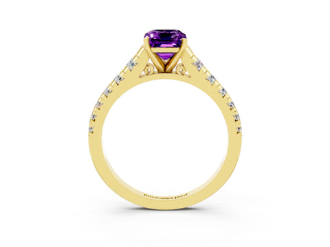 Yellow gold Emerald Cut Amethyst Solitaire Ring with Cathedral Setting and Pavé Band_3