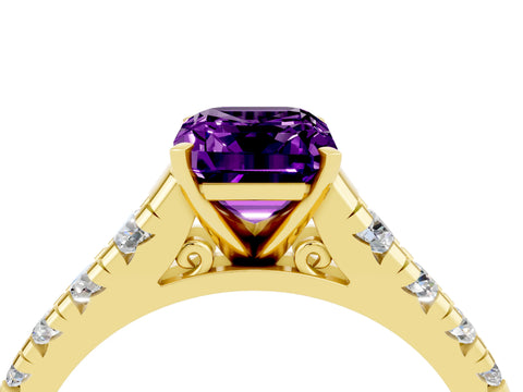 Yellow gold Emerald Cut Amethyst Solitaire Ring with Cathedral Setting and Pavé Band_4