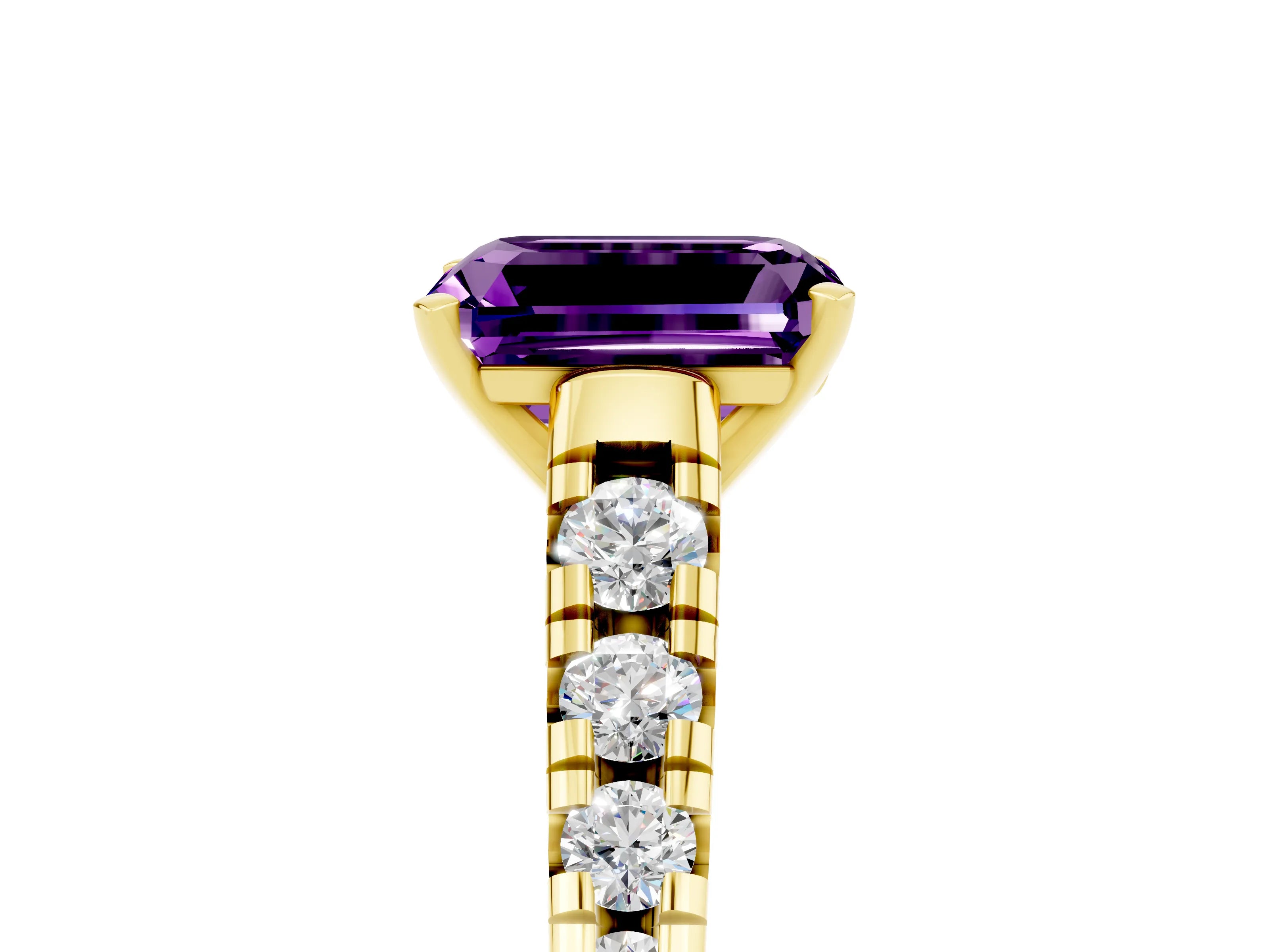 Yellow gold Emerald Cut Amethyst Solitaire Ring with Cathedral Setting and Pavé Band_5