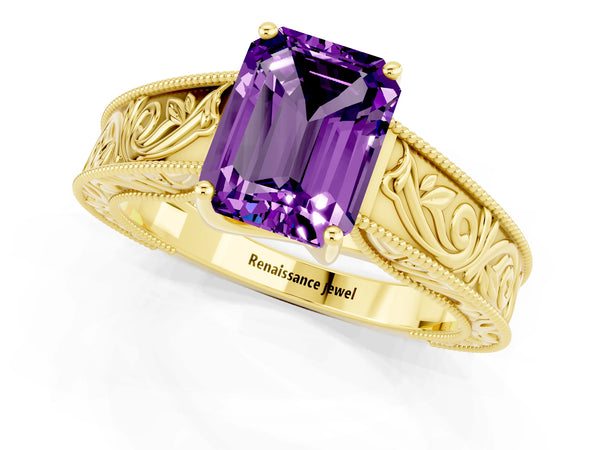 Yellow gold Emerald Cut Amethyst Solitaire Ring with Engraved Band and Four-Prong Setting