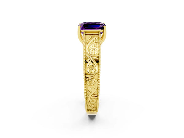 Yellow gold Emerald Cut Amethyst Solitaire Ring with Engraved Band and Four-Prong Setting
