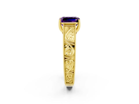 Yellow gold Emerald Cut Amethyst Solitaire Ring with Engraved Band and Four-Prong Setting_2