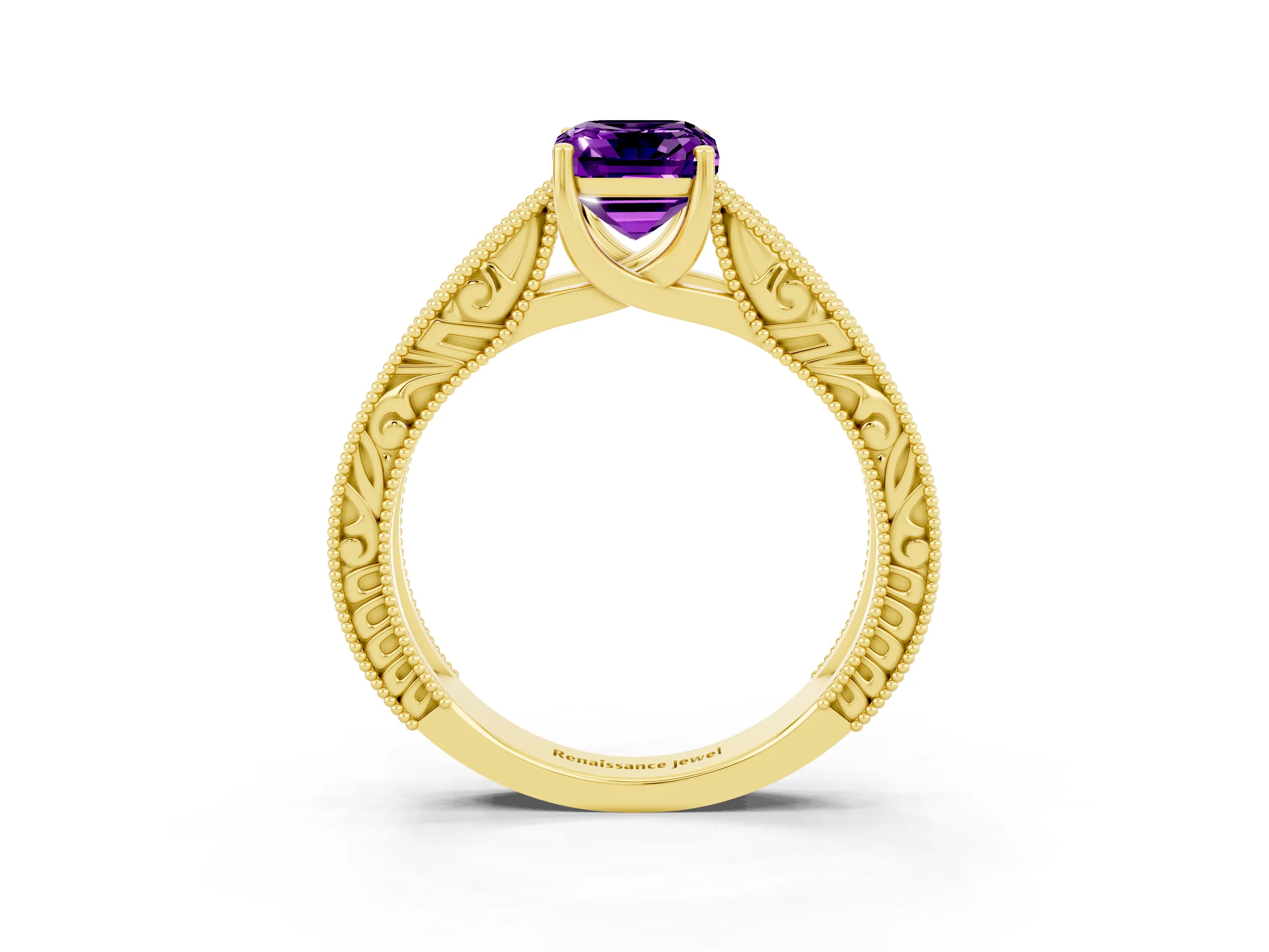 Yellow gold Emerald Cut Amethyst Solitaire Ring with Engraved Band and Four-Prong Setting_3