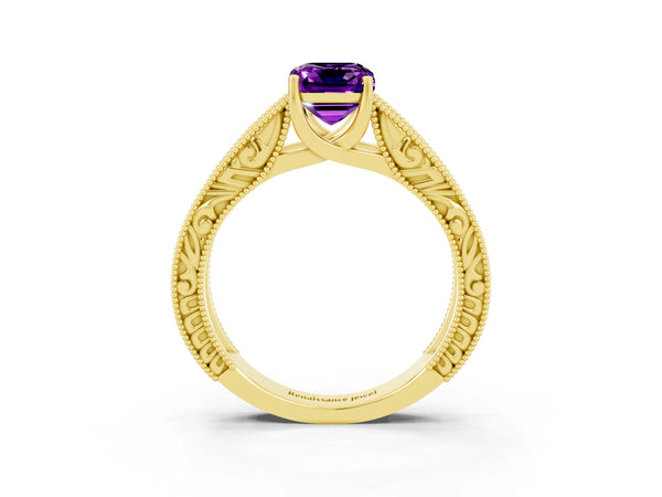 Yellow gold Emerald Cut Amethyst Solitaire Ring with Engraved Band and Four-Prong Setting