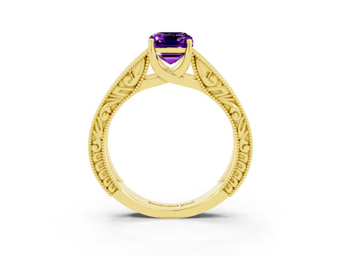 Yellow gold Emerald Cut Amethyst Solitaire Ring with Engraved Band and Four-Prong Setting_3
