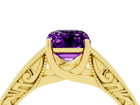 Yellow gold Emerald Cut Amethyst Solitaire Ring with Engraved Band and Four-Prong Setting_4