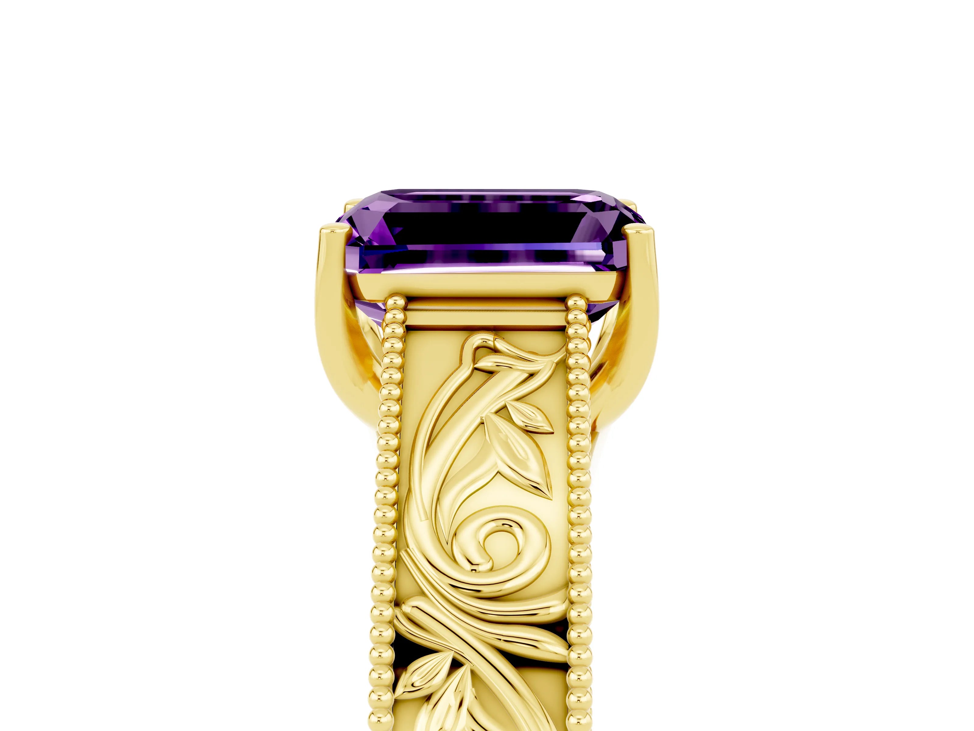 Yellow gold Emerald Cut Amethyst Solitaire Ring with Engraved Band and Four-Prong Setting_5