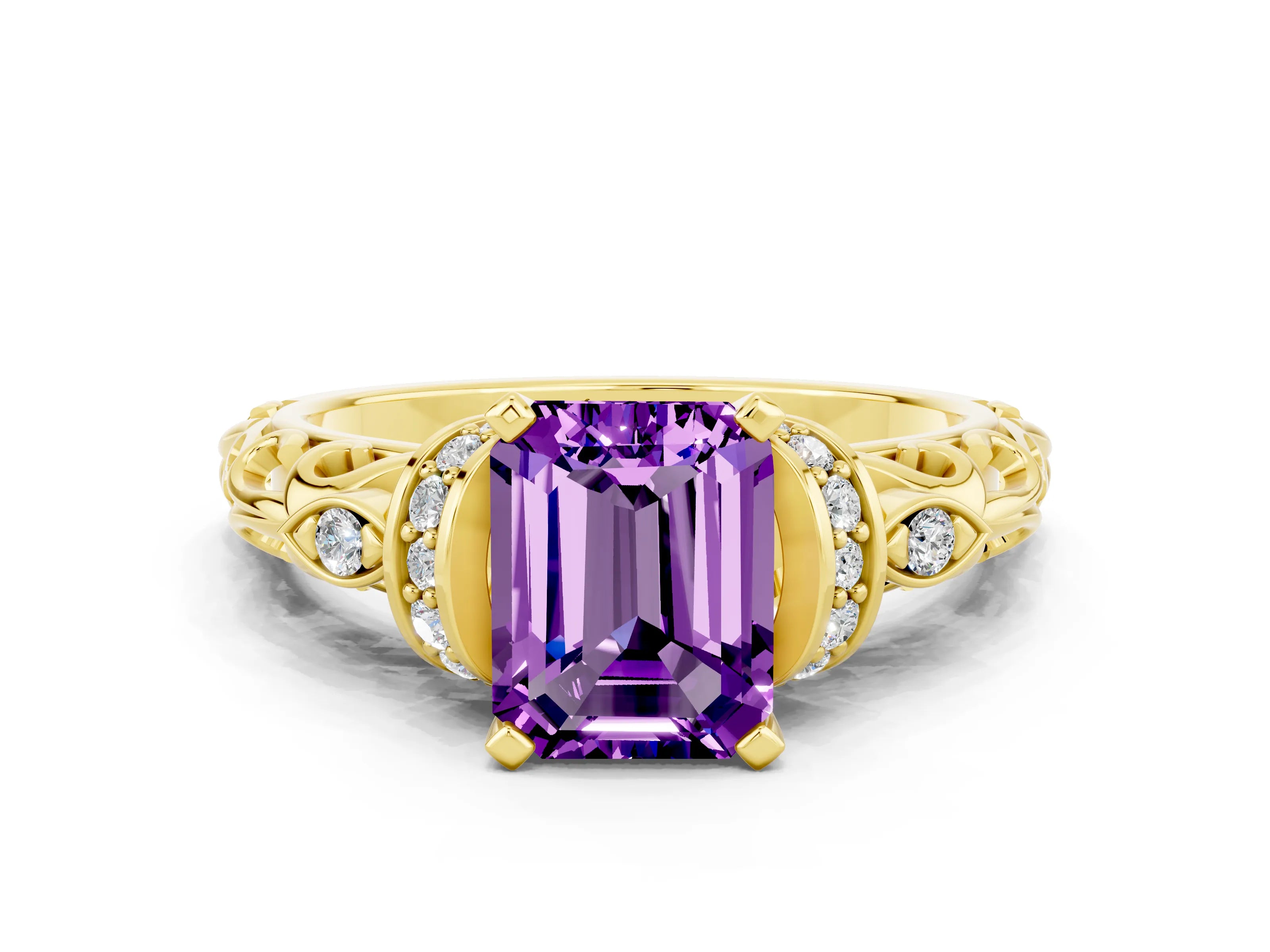 Yellow gold Emerald Cut Amethyst Solitaire Ring with Filigree Band and Four-Prong Setting_36