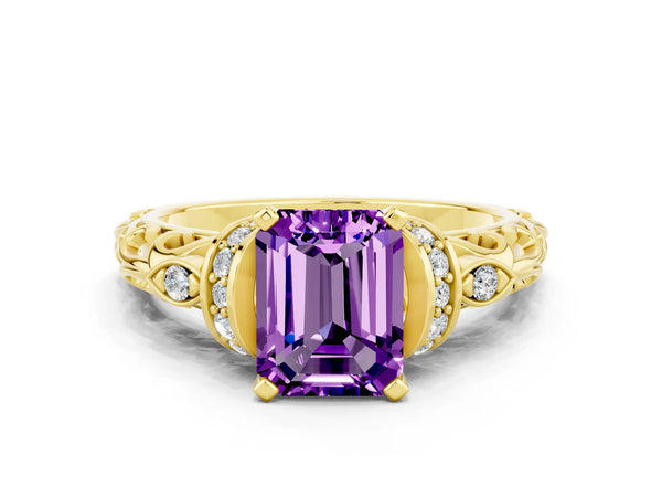 Yellow gold Emerald Cut Amethyst Solitaire Ring with Filigree Band and Four-Prong Setting