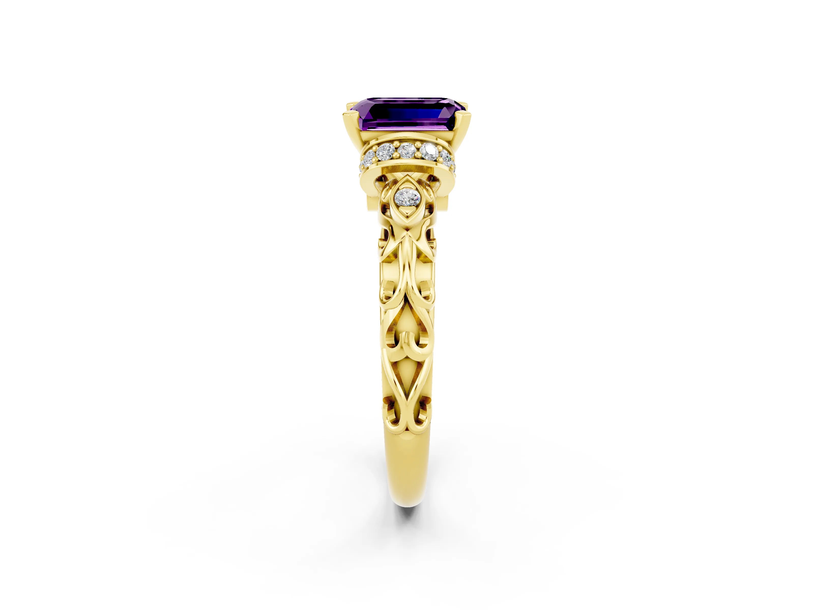Yellow gold Emerald Cut Amethyst Solitaire Ring with Filigree Band and Four-Prong Setting_38