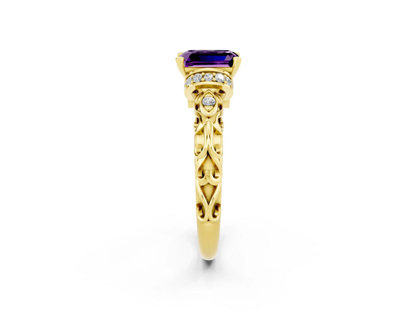 Yellow gold Emerald Cut Amethyst Solitaire Ring with Filigree Band and Four-Prong Setting