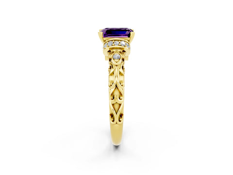 Yellow gold Emerald Cut Amethyst Solitaire Ring with Filigree Band and Four-Prong Setting_38
