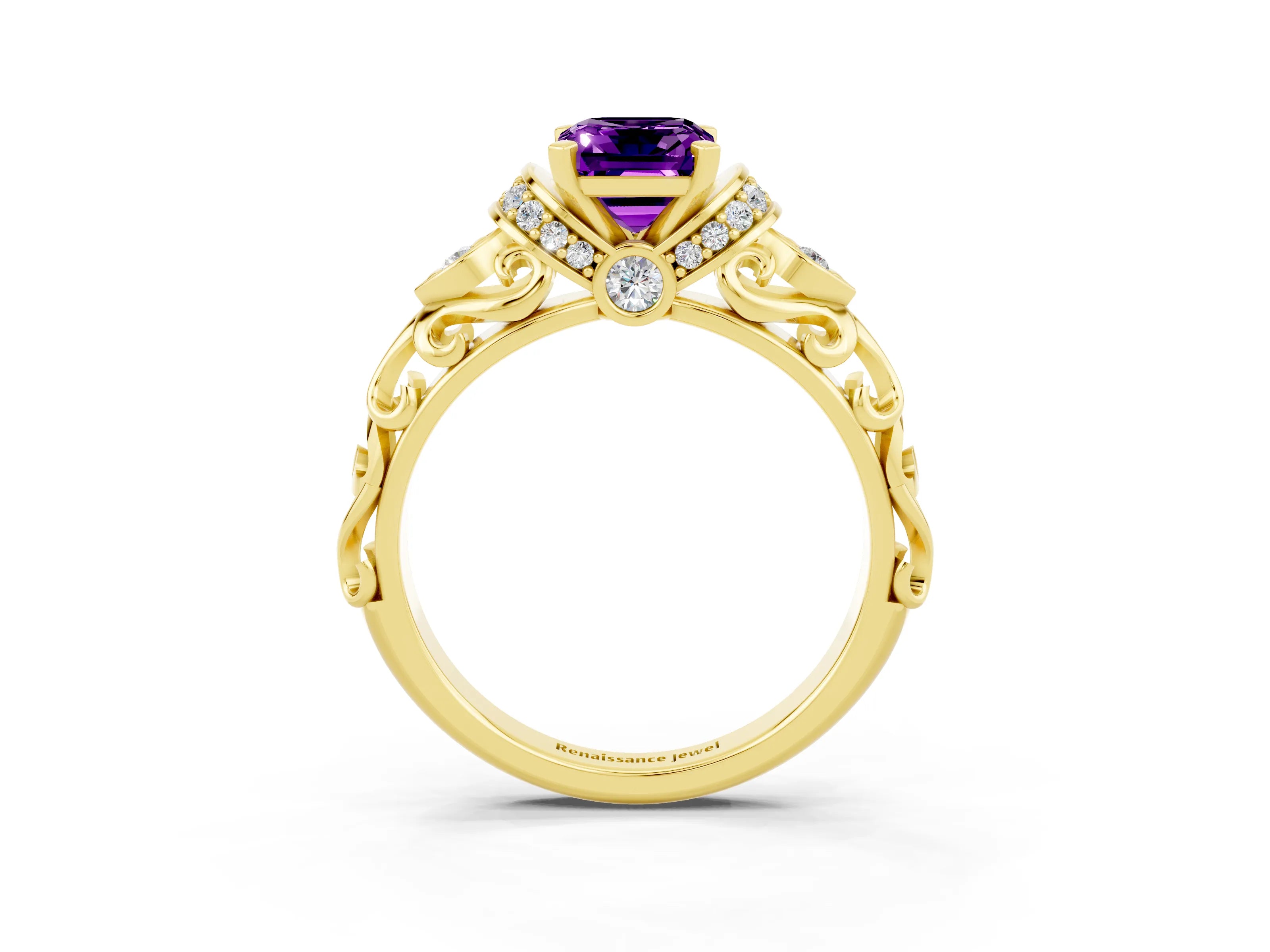 Yellow gold Emerald Cut Amethyst Solitaire Ring with Filigree Band and Four-Prong Setting_39