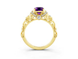Yellow gold Emerald Cut Amethyst Solitaire Ring with Filigree Band and Four-Prong Setting_39