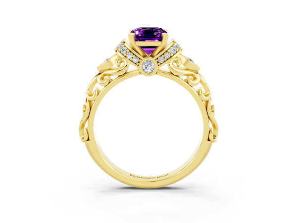 Yellow gold Emerald Cut Amethyst Solitaire Ring with Filigree Band and Four-Prong Setting