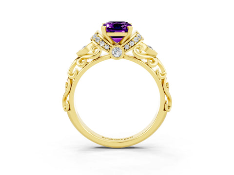 Yellow gold Emerald Cut Amethyst Solitaire Ring with Filigree Band and Four-Prong Setting_39