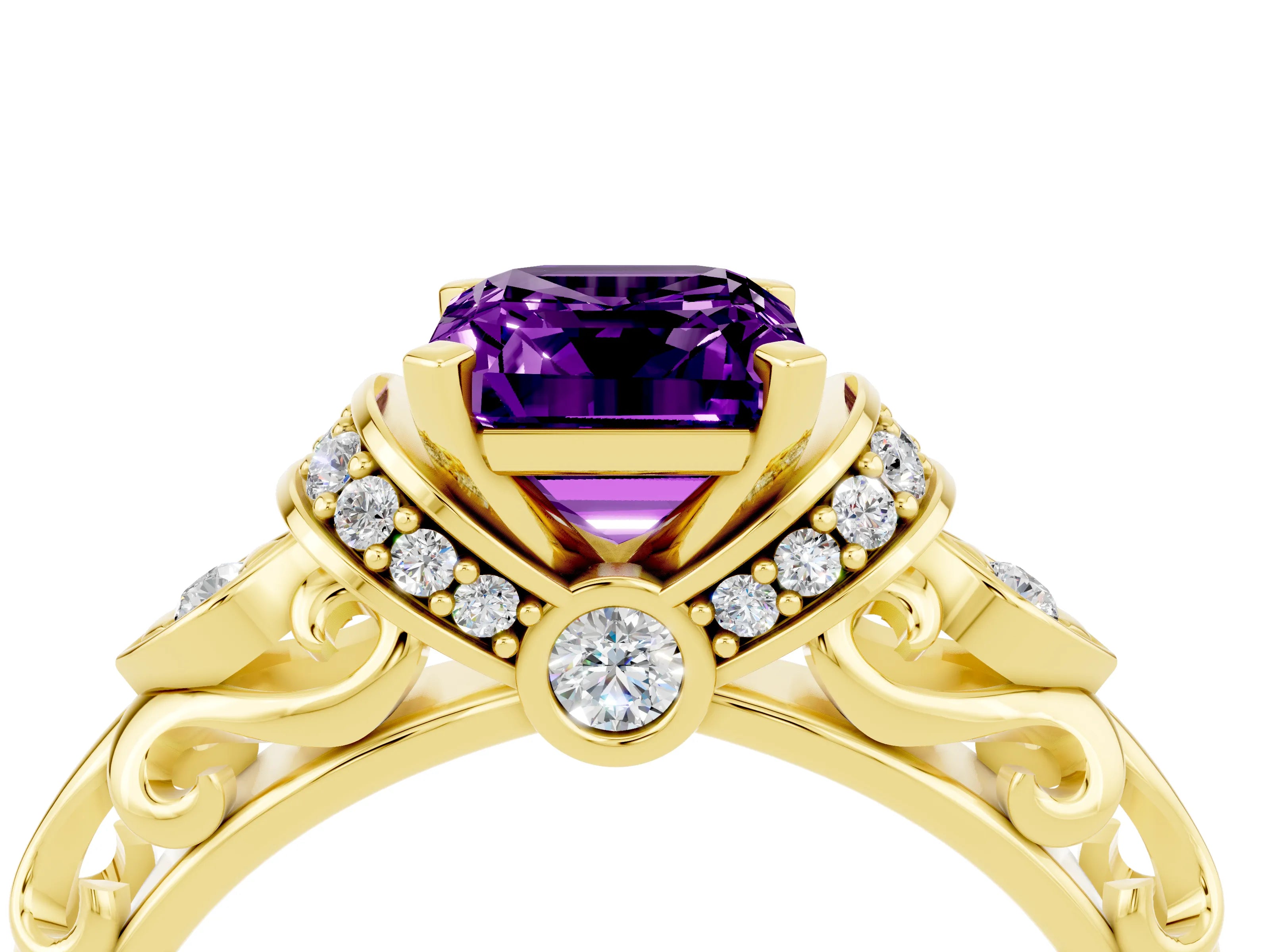 Yellow gold Emerald Cut Amethyst Solitaire Ring with Filigree Band and Four-Prong Setting_40