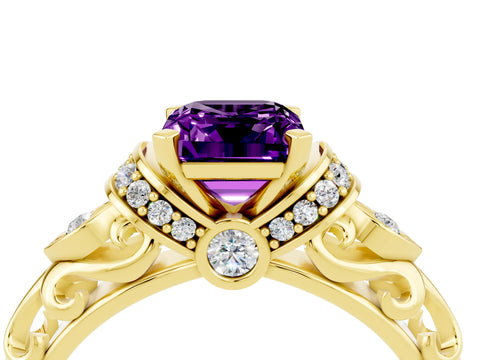 Yellow gold Emerald Cut Amethyst Solitaire Ring with Filigree Band and Four-Prong Setting_40