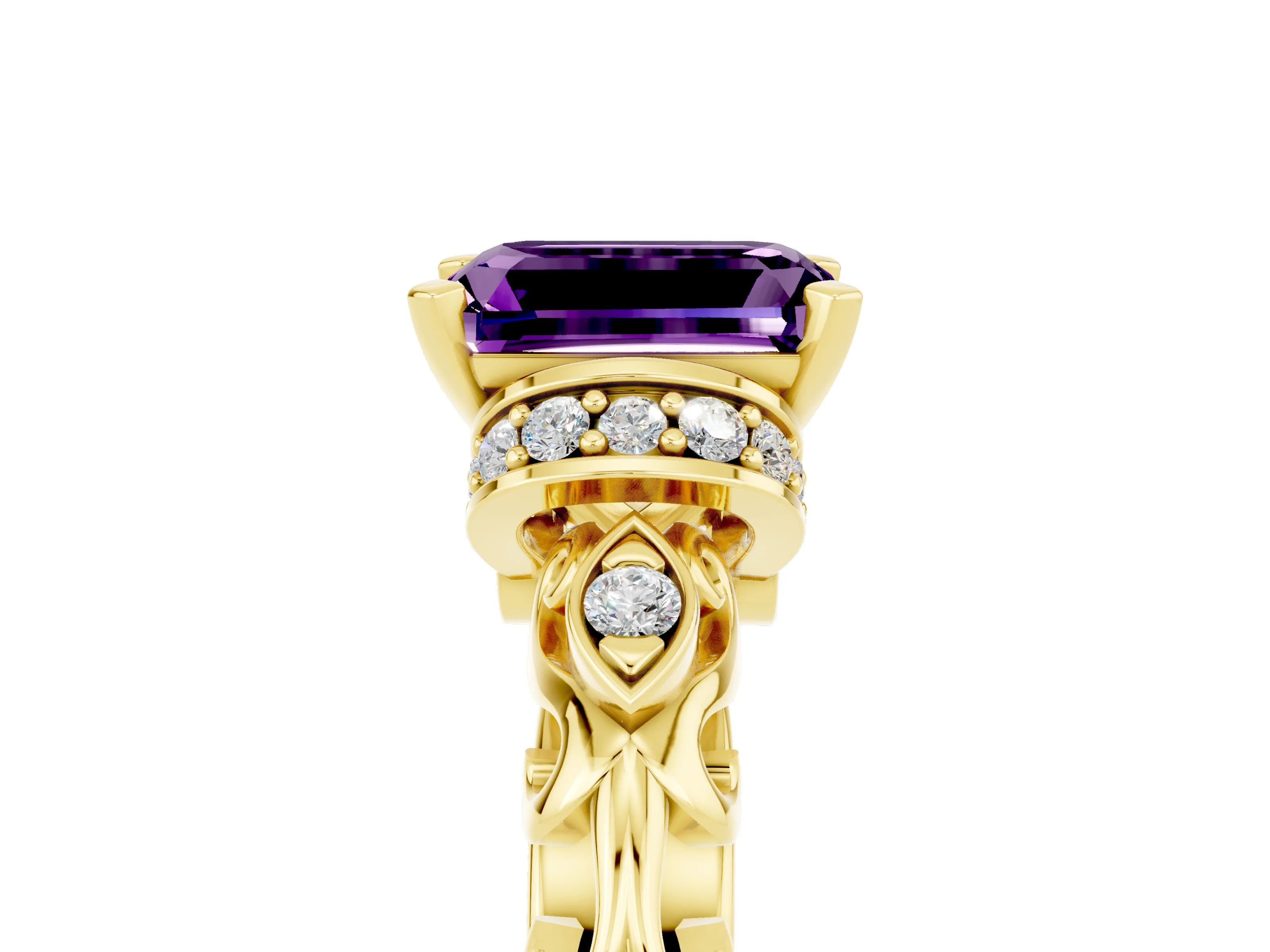 Yellow gold Emerald Cut Amethyst Solitaire Ring with Filigree Band and Four-Prong Setting_41